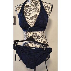Robin Piccone Bikini Swim Top V-Neck Color Navy Blue Bottom Mid Rise Solid Sz M